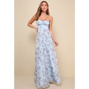Lulus Chic Preciousness Light Blue Floral Organza Bustier Maxi Dress